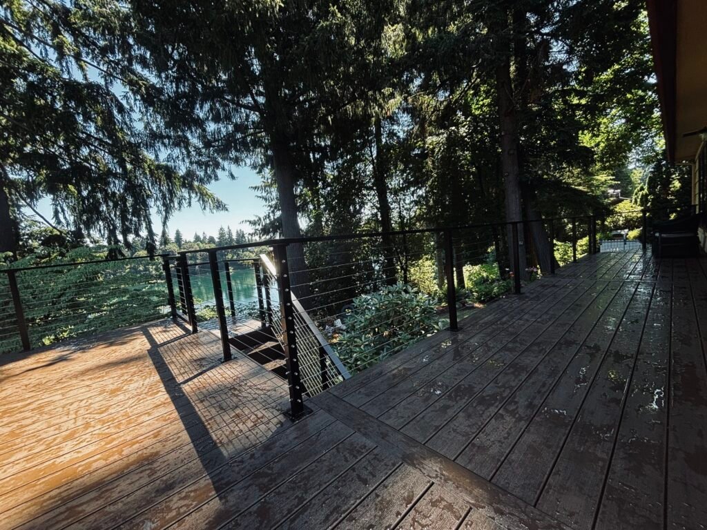 Large deck with composite decking and cable railing