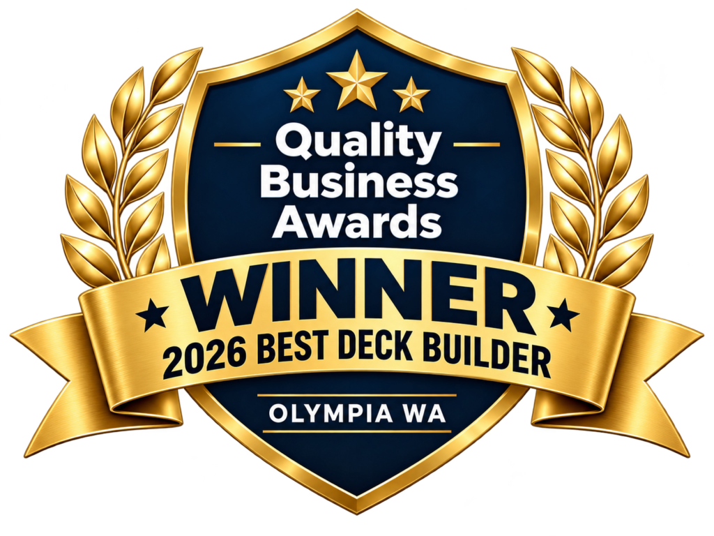 Best Deck Builder Award - Timbermen Fencing & Decking - Timbermen Fencing & Decking Winner badge for Quality Business Awards: 2026 Best Deck Builder, Olympia, WA (gold and navy ribbon badge)